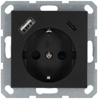 Розетка Shuko 16А с заземл. защ. шторки с 2-мя заряд. устройствами USB тип A+C 25Вт механизм антрацит Jasmart G5501USB-25B