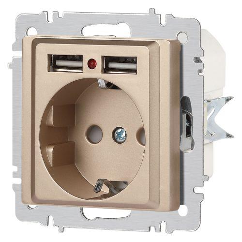 Розетка 1-м СП Accent 6-410-04 16А IP20 250В P+E Schuko + 2хUSB защ. шторки шампань Intro Б0063696