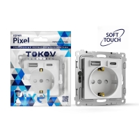 Розетка 1-м СП Pixel IP20 с заземл. с 2-мя заряд. устр. USB тип A+C механизм айс TOKOV ELECTRIC TKE-PX-R1U2AC-C34