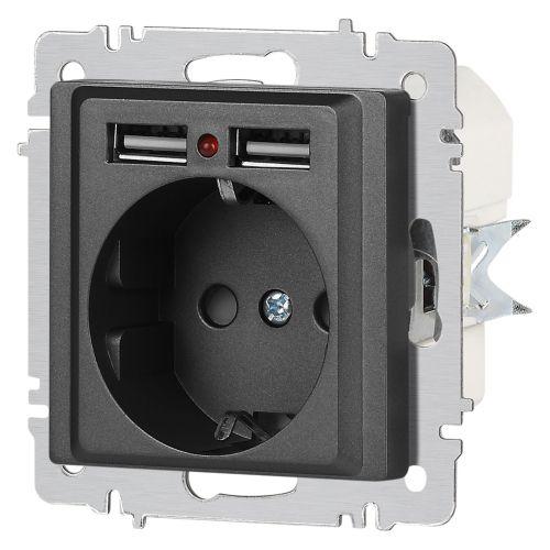 Розетка 1-м СП Accent 6-410-07 16А IP20 250В P+E Schuko + 2хUSB защ. шторки графит Intro Б0063702