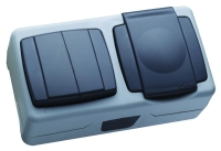 Выключатель двухклавишный + розетка с крышкой с пружинным зажимом блок IP55 Makel 36064208