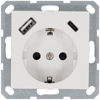 Розетка Shuko 16А с заземл. защ. шторки с 2-мя заряд. устройствами USB тип A+C 25Вт механизм бел. глянцевый Jasmart G5501USB-25W