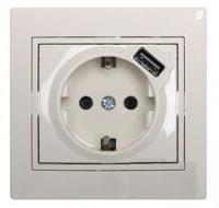 Розетка 1-м СП Mira 16А с заземл. + USB разъем крем. LEZARD 701-0303-181