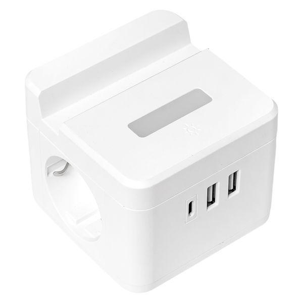 Удлинитель "Куб" 2х1.3м USB + 2Type C с быстрой зарядкой подставкой под телефон и ночником 1кв.мм EKF UBA-CUB-2-FC