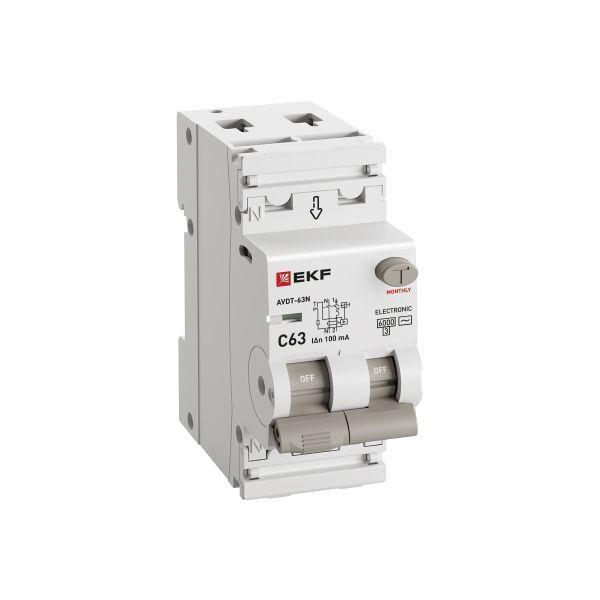 Выключатель автоматический дифференциального тока 2п (1P+N) C 63А 100мА тип AC 6кА АВДТ-63N (электрон.) PROxima EKF D63N26E63C100