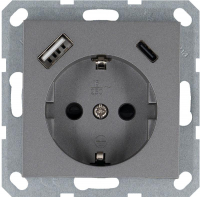 Розетка Shuko 16А с заземл. защ. шторки с 2-мя заряд. устройствами USB тип A+C 25Вт механизм алюм. Jasmart G5501USB-25S