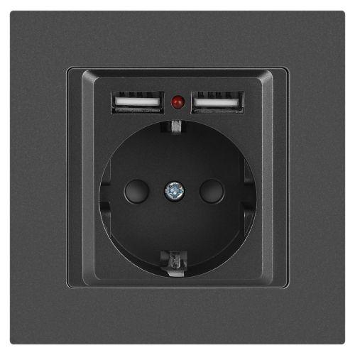 Розетка 1-м СП Accent 6-410-07 16А IP20 250В P+E Schuko + 2хUSB защ. шторки графит Intro Б0063702