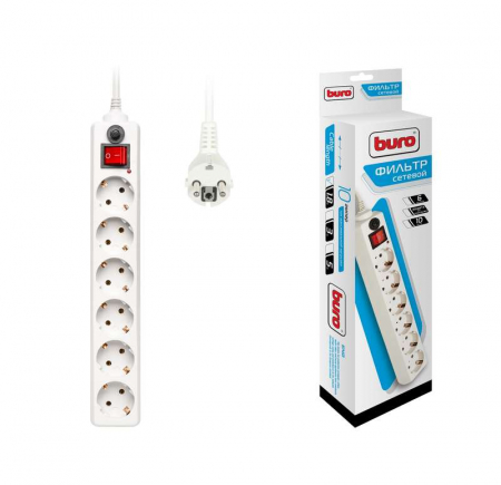Удлинитель с сетевым фильтром 6х1.8м с заземл. 10А IP20 600SH-1.8-W 2.2кВт CCA бел. BURO 992246