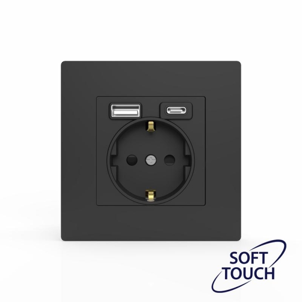 Розетка 1-м СП Pixel IP20 с заземл. с 2-мя заряд. устр. USB тип A+C механизм карбон TOKOV ELECTRIC TKE-PX-R1U2AC-C14