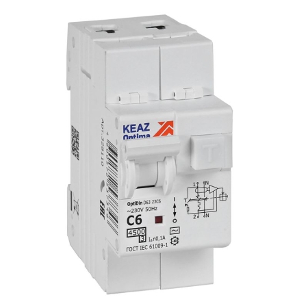 Выключатель автоматический дифференциального тока 2п OptiDin D63-23C6-AC-У3 C6 100мА 4.5кА с защитой от сверхтоков КЭАЗ 328110