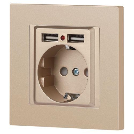 Розетка 1-м СП Accent 6-410-04 16А IP20 250В P+E Schuko + 2хUSB защ. шторки шампань Intro Б0063696