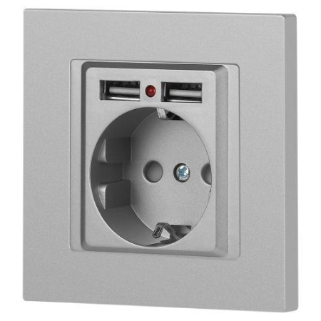 Розетка 1-м СП Accent 6-410-03 16А IP20 250В P+E Schuko + 2хUSB защ. шторки алюм. Intro Б0063694