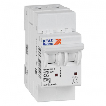 Выключатель автоматический модульный 2п C 6А 4.5кА OptiDin BM63-2C6-4.5-УХЛ3 КЭАЗ 326801
