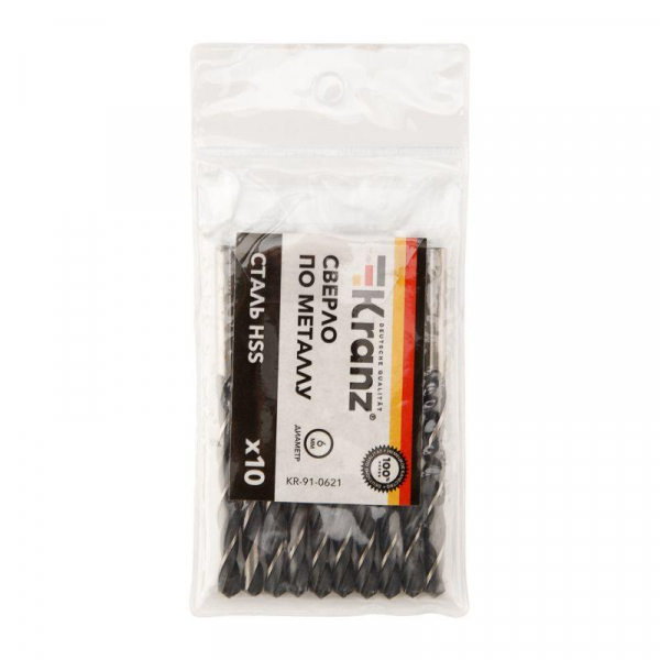 Сверло по металлу 6.0мм HSS DIN 338 (уп.10шт) Kranz KR-91-0621