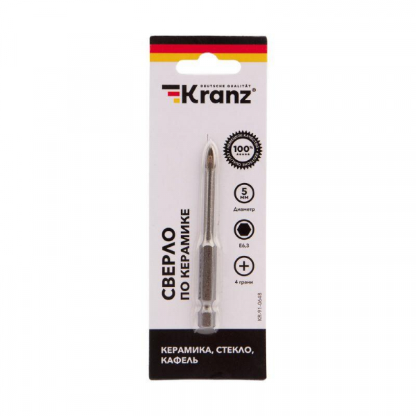 Сверло по стеклу и керамике 5мм 4 грани шестигранный хвостовик Kranz KR-91-0648