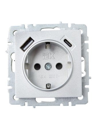 Розетка BRITE РЮш11-1-БрА 16А с USB A+C 18Вт с заземл. защ. шторки механизм алюм. IEK BR-R14-16-U22-018-K47