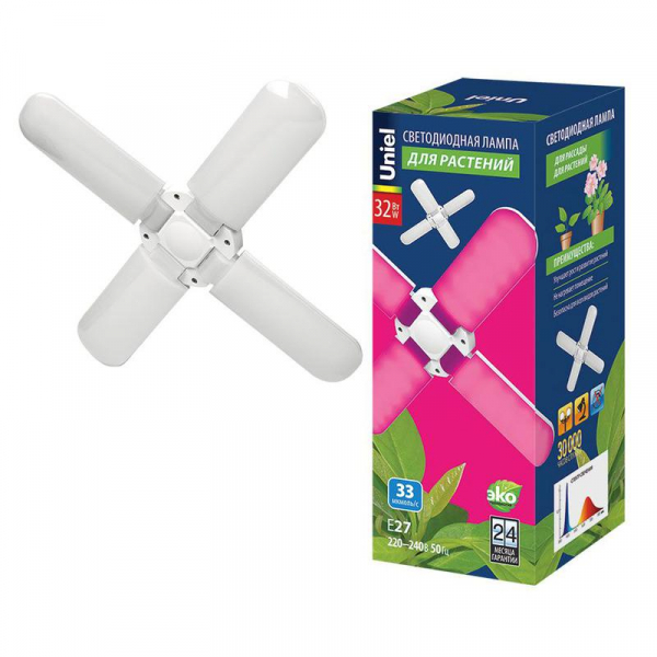 Лампа светодиодная LED-P65-32W/SPSB/E27/FR/P4 PLP32WH 32Вт P65 лепестковая матовая E27 для растений спектр для рассады и цветения (упак. картон) Uniel UL-00007408
