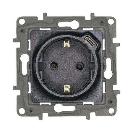 Розетка USB C Etika 16А 250В 1500мА 7.5Вт с заземл. защ. шторки безвинт. зажимы антрацит IEK 672688