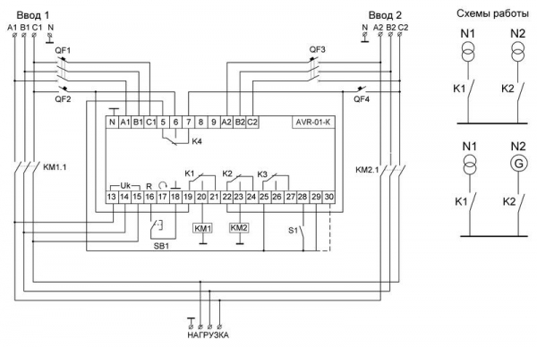 Устройство управления резервным питанием AVR-01-K (2 ввода; 1 нагрузка 35мм 3х400В+N 2х16А 2P IP20 монтаж на DIN-рейке) F&F EA04.006.001