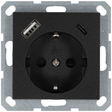 Розетка Shuko 16А с заземл. защ. шторки с 2-мя заряд. устройствами USB тип A+C 25Вт механизм антрацит Jasmart G5501USB-25B