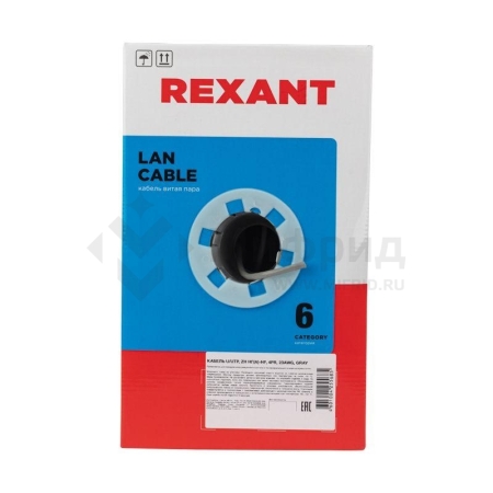 Кабель витая пара U/UTP кат.6 4х2х23AWG CU LSZH нг(А)-HF INDOOR SOLID сер. (305м) Rexant 01-0067