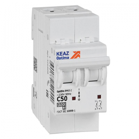 Выключатель автоматический модульный 2п C 50А 4.5кА OptiDin BM63-2C50-4.5-УХЛ3 КЭАЗ 326808
