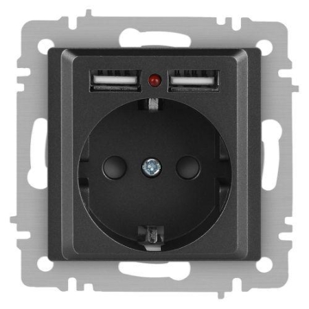 Розетка 1-м СП Accent 6-410-07 16А IP20 250В P+E Schuko + 2хUSB защ. шторки графит Intro Б0063702