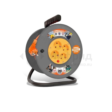 Удлинитель на катушке 4х20м с заземл. 6А IP20 ВЕМ-250 ПВС 3х0.75 термозащита защ. шторки UNIVersal 1679