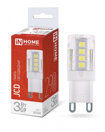 Лампа светодиодная LED-JCD 3Вт капсульная прозрачная 4000К нейтр. бел. G9 290лм 230В IN HOME 4690612036267