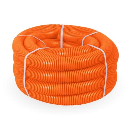 Труба гофрированная ПНД легкая d50мм с протяжкой 350 Н безгалоген. (HF) оранж. (уп.15м) Промрукав PR.025061