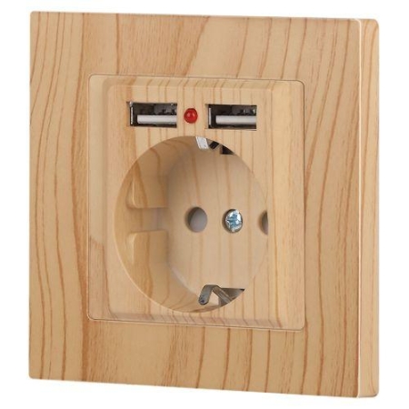 Розетка 1-м СП Accent 6-410-11 16А IP20 250В P+E Schuko + 2хUSB защ. шторки сосна Intro Б0063720