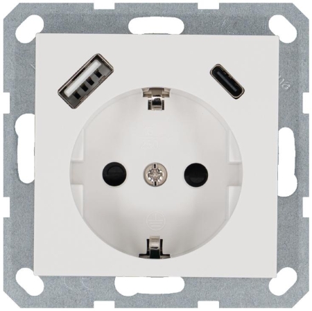 Розетка Shuko 16А с заземл. защ. шторки с 2-мя заряд. устройствами USB тип A+C 25Вт механизм бел. глянцевый Jasmart G5501USB-25W