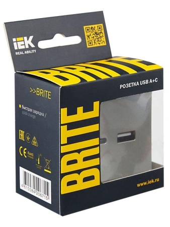 Розетка BRITE USB A+C 18Вт РЮ11-1-БрС механизм сталь IEK BR-U22-018-K46
