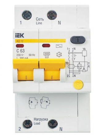 Выключатель автоматический дифференциального тока 2п C 63А 300мА тип AC 4.5кА АД-12 KARAT IEK MAD10-2-063-C-300
