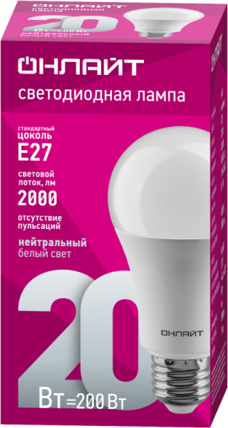 Лампа светодиодная 61 158 OLL-A60-20-230-4K-E27 20Вт грушевидная 4000К нейтр. бел. E27 2000лм 176-264В ОНЛАЙТ 61158