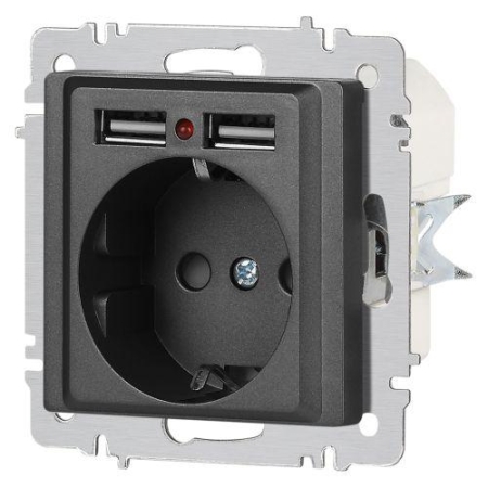 Розетка 1-м СП Accent 6-410-07 16А IP20 250В P+E Schuko + 2хUSB защ. шторки графит Intro Б0063702