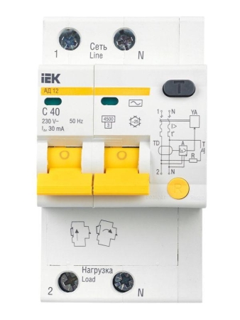 Выключатель автоматический дифференциального тока 2п C 40А 30мА тип AC 4.5кА АД-12 KARAT IEK MAD10-2-040-C-030