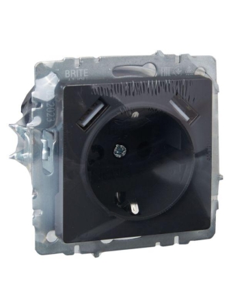 Розетка BRITE РЮш10-1-БрГ 16А с USB A+A 2.1А с заземл. защ. шторки механизм графит IEK BR-R14-16-U21-D21-K53