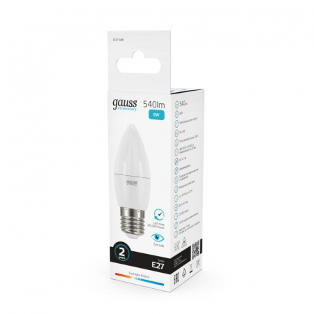 Лампа светодиодная Elementary 8Вт свеча 4100К нейтр. бел. E27 540лм GAUSS 33228