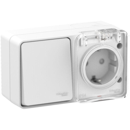 Блок ОП AtlasDesign PROFI IP54 (розетка 1-м 16А заземл. защ. шторки + 1-кл. выключатель 10А) бел. SE ATN540170