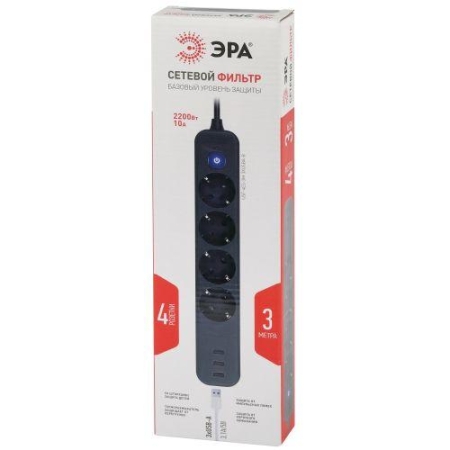 Удлинитель с сетевым фильтром 4х3м с заземл. 10А USF-4es-3m-3xUSBA-B +3xUSBA 3.1A с выкл. с базов. защитой Эра Б0059570
