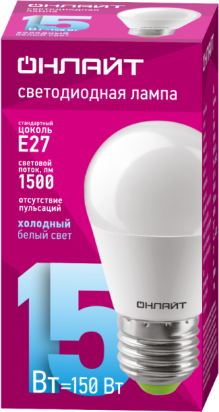 Лампа светодиодная 90 463 OLL-G45-15-230-6.5K-E27-FR ОНЛАЙТ 90463