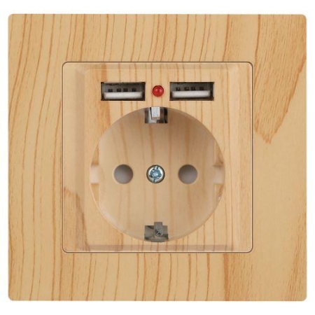 Розетка 1-м СП Accent 6-410-11 16А IP20 250В P+E Schuko + 2хUSB защ. шторки сосна Intro Б0063720