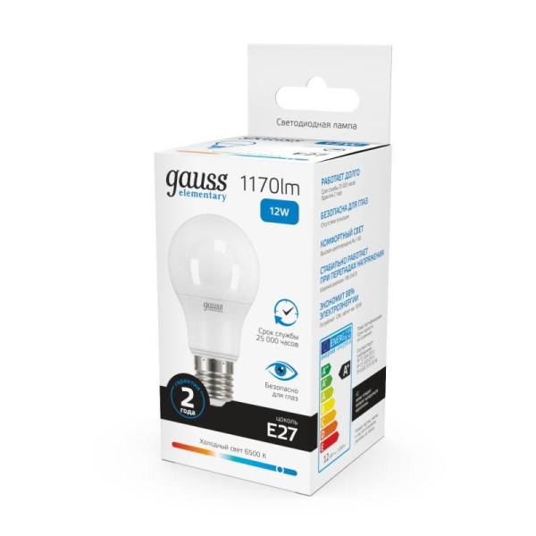 Лампа светодиодная Elementary 12Вт A60 грушевидная 6500К холод. бел. E27 1170лм GAUSS 23232