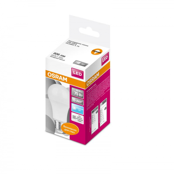 Лампа светодиодная LED Star Classic A 75 8.5W/840 8.5Вт грушевидная матовая 4000К нейтр. бел. E27 806лм 220-240В пластик. OSRAM 4058075086647