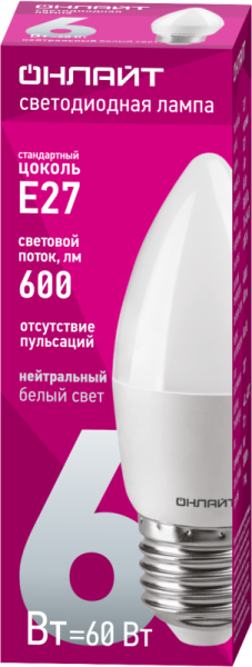 Лампа светодиодная 71 631 OLL-C37-6-230-4K-E27-FR 6Вт свеча 4000К нейтр. бел. E27 600лм 176-264В ОНЛАЙТ 71631