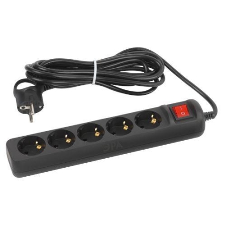 Удлинитель 5х5м с заземл. 10А с выкл. ПВС 3х0.75 черн. UX-5es-5m-B Эра Б0057732