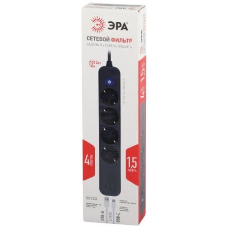 Удлинитель с сетевым фильтром 4х1.5м с заземл. 10А USF-4es-1.5m-2xUSBAC-B +2xUSBA+C 3.1A с выкл. с базов. защитой Эра Б0059572