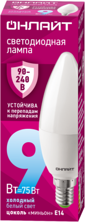 Лампа светодиодная 90 412 OLL-C37-9-230-6.5K-E14-FR (PRO 90-240В) ОНЛАЙТ 90412