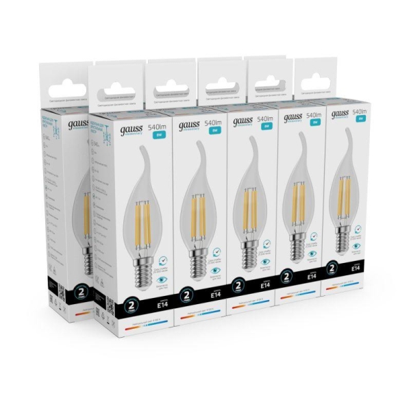 Лампа светодиодная филаментная Filament Elementary 8Вт свеча на ветру 4100К Е14 540лм GAUSS 42128
